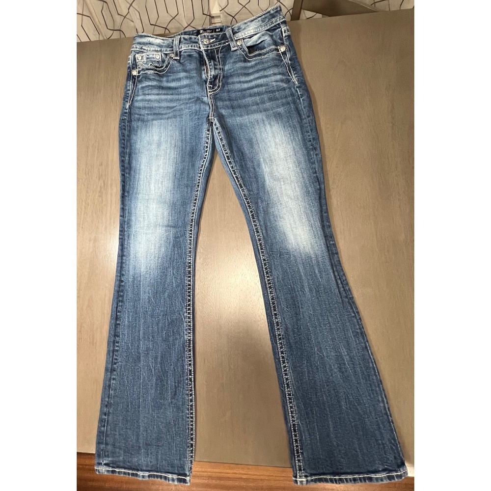 Miss Me Mid Rise Bootcut Jeans 32 Embroidered Dreamcatcher Feather Blue Denim